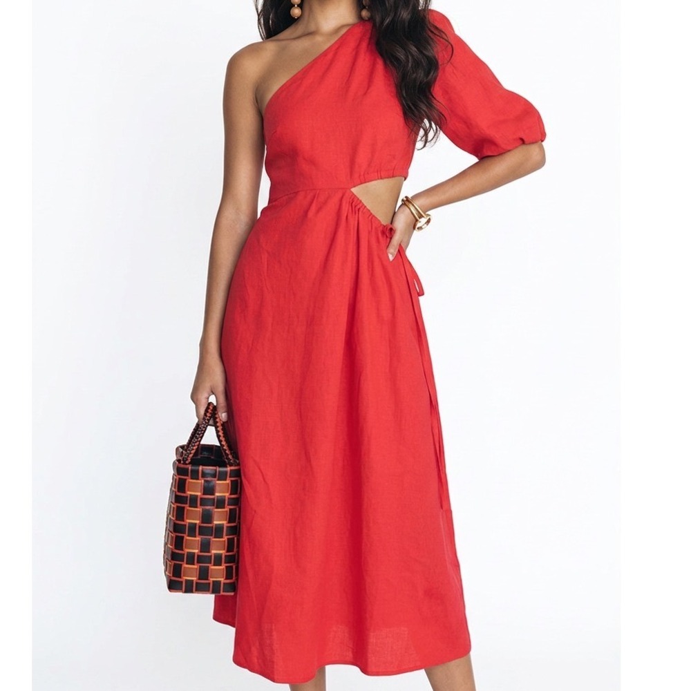 Nicholas Crissa Dress Womens 2‎ Red Linen One Shoulder Cutout Midi Summer Chic